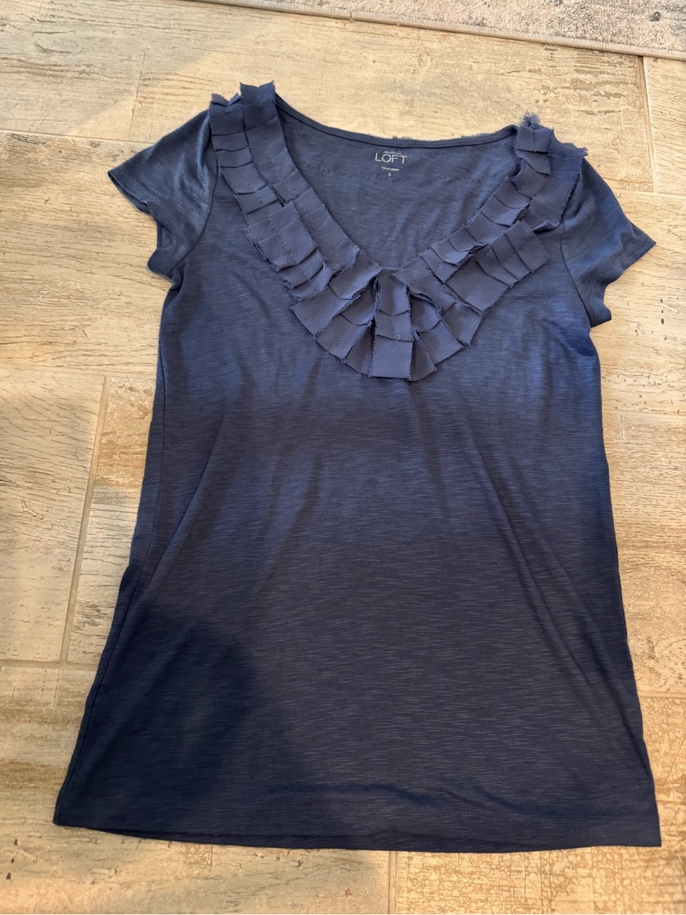 LOFT Navy Blue Ruffle V-Neck Sleeve Top Size Small